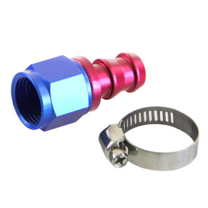 Raccord JIC femelle droit - AN8 rouge/bleu serrage de la durite par collier