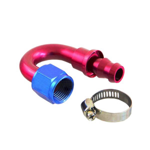 Raccord JIC femelle 180° - AN10 rouge/bleu serrage de la durite par collier