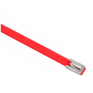 Set de 4 collier de câble en acier inoxydable plastifié couleur rouge - largeur 10mm, longueur suivant déclinaison